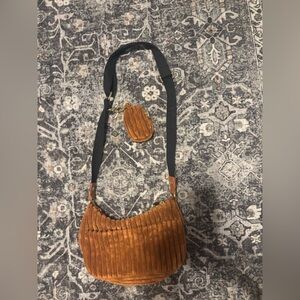 Rusty Brown Ribbed Shoulder Bag with Black Strap